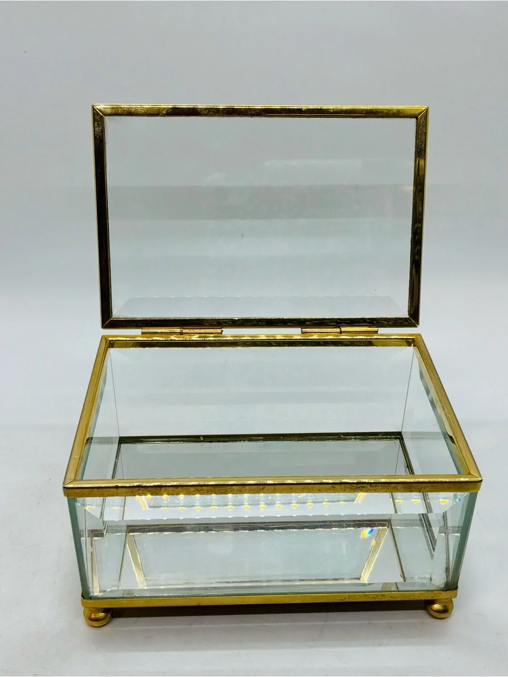 Vintage Hinged Jewelry Box Brass Beveled Glass Mirrored Trinket Jewelry Box